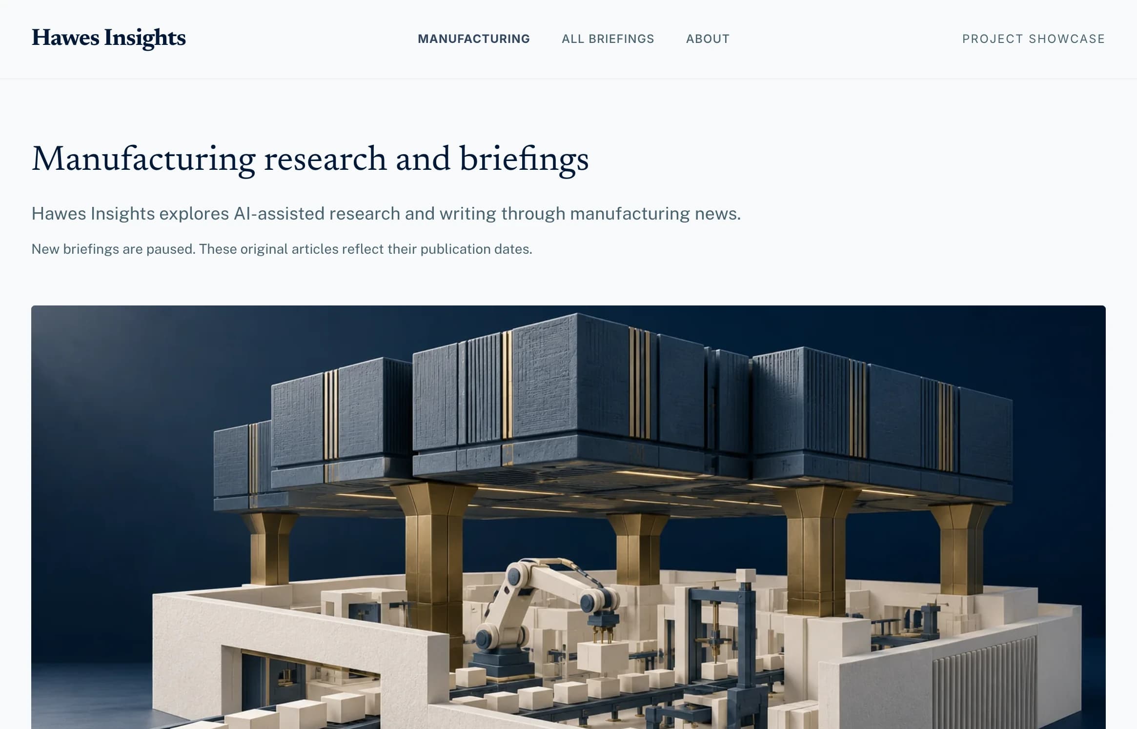 Hawes Insights manufacturing research page with a featured briefing and factory illustration.